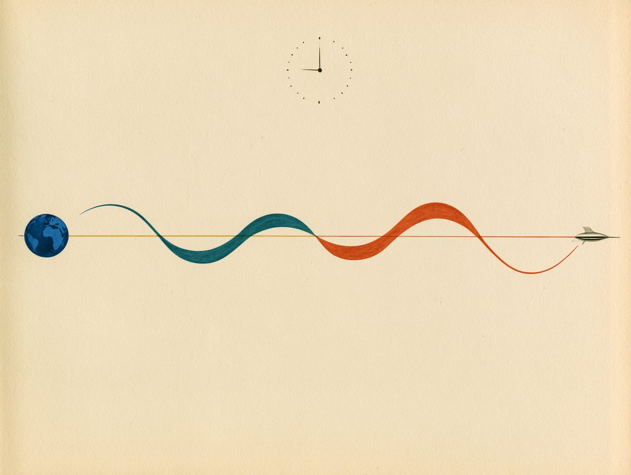 A diagram of Earth and the far-away ship. A wavy radio signal crawls across the long distance between them. A small clock shows twenty minutes.