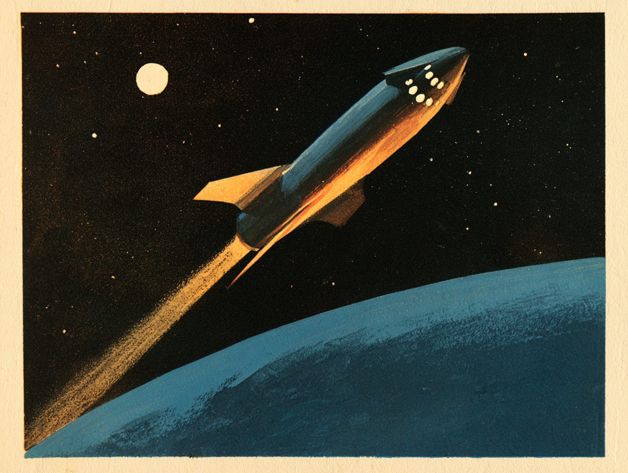 The rocket climbs above the curved blue edge of Earth into a black sky, its row of cabin windows lit. The sun and the stars shine at the same time.