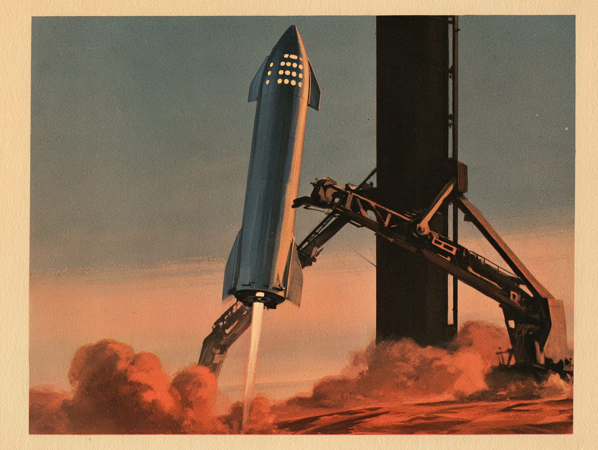 The ship rides its engine flame down beside the spaceport's tall tower, whose steel arms reach out to catch it above the billowing red dust.