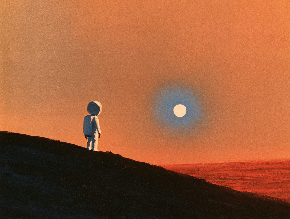 Evening on Mars. The butterscotch sky darkens, and the small setting sun glows inside a soft halo of blue above dark hills. One lit window shines in the Mars house.