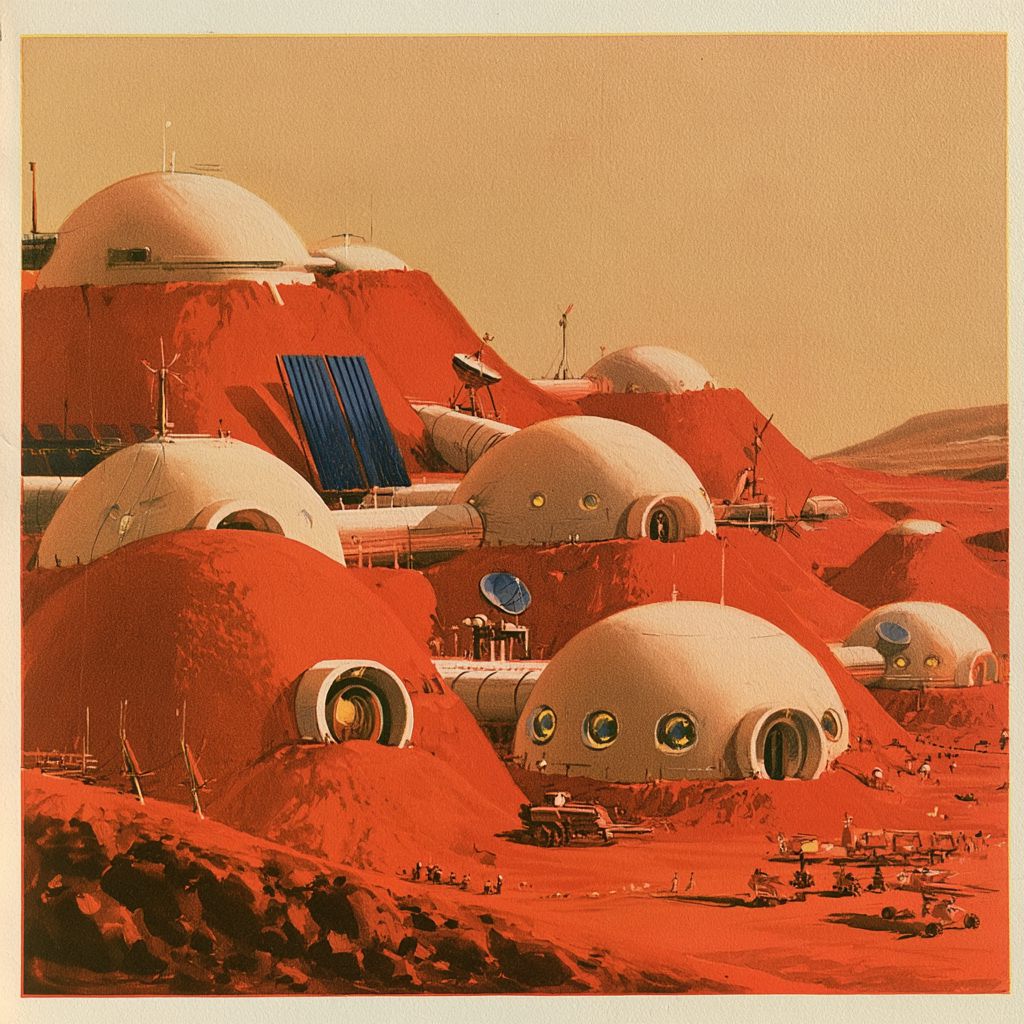The Mars town: every dome buried under a thick mound of rust-red soil, round doorways and glowing portholes peeking out, white tunnels running between them, solar panels and dish antennas on the mounds, little rovers below, and nothing but hazy butterscotch sky beyond.