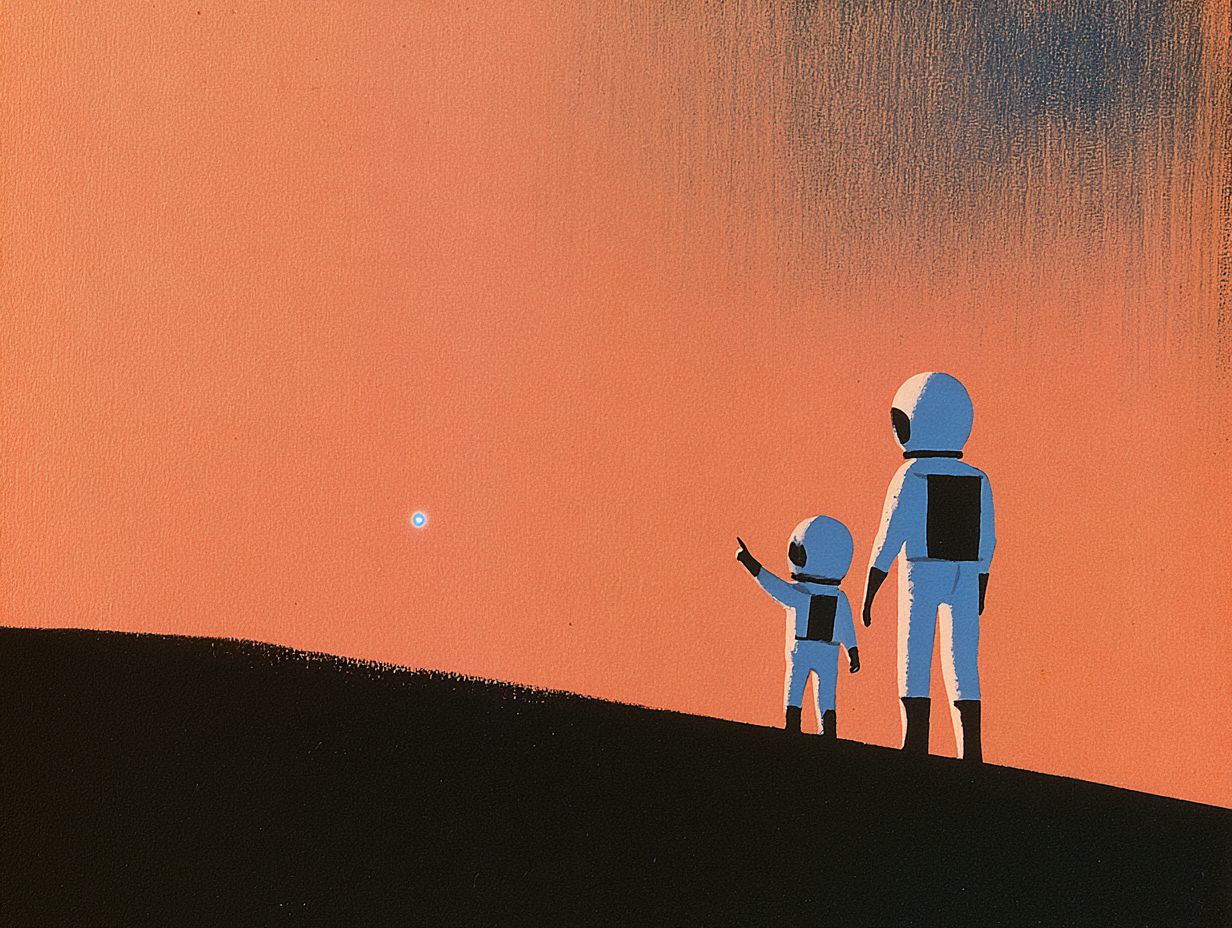 Dusk on Mars after sunset: a parent and child in white spacesuits and round helmets stand on the dark shadowless hill, the child pointing up at one brilliant blue-white evening star glowing softly in the warm haze: Earth, with everyone you know on it.