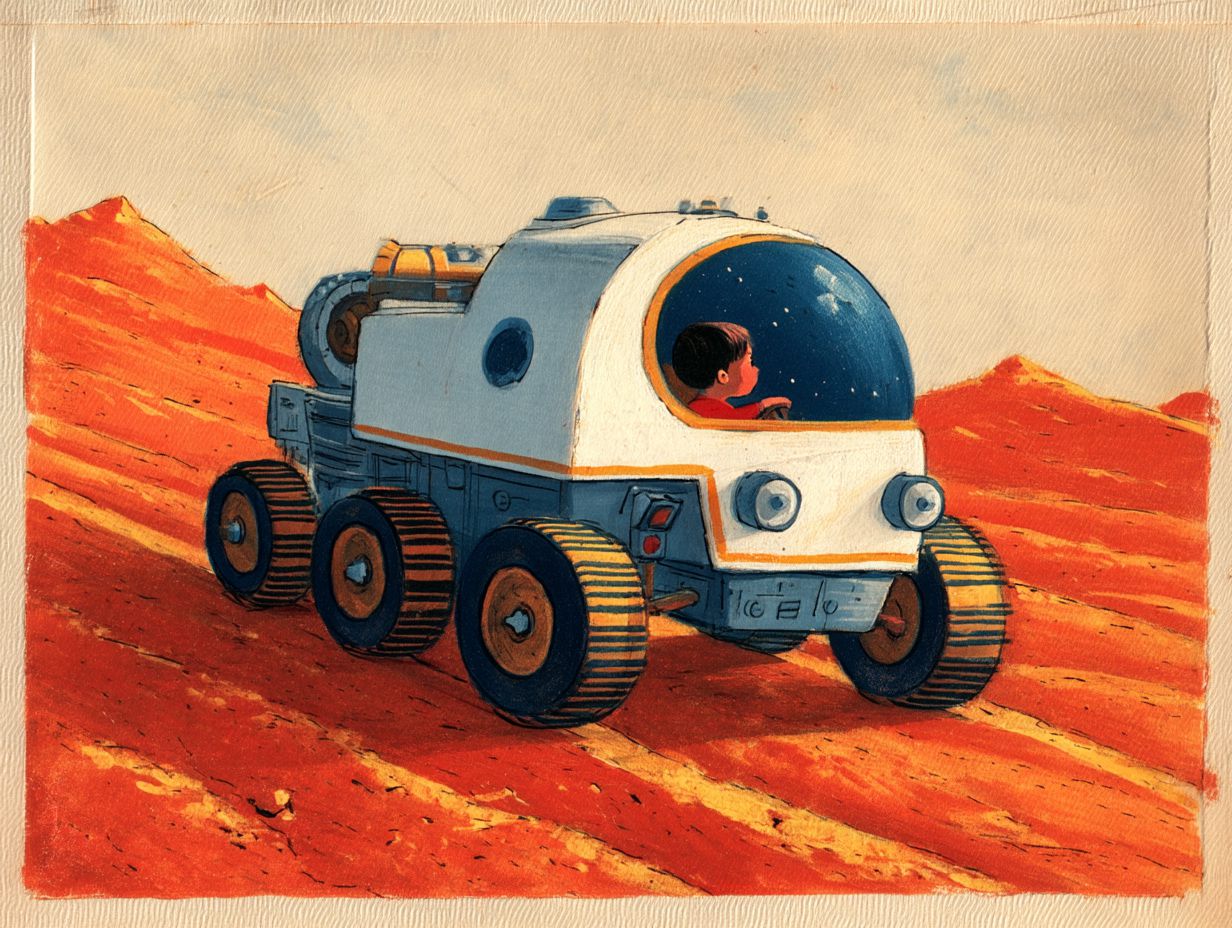A boxy white pressurized rover like NASA's real prototype, with a bubble cockpit window and many small wheels, crosses the orange dunes leaving tracks.