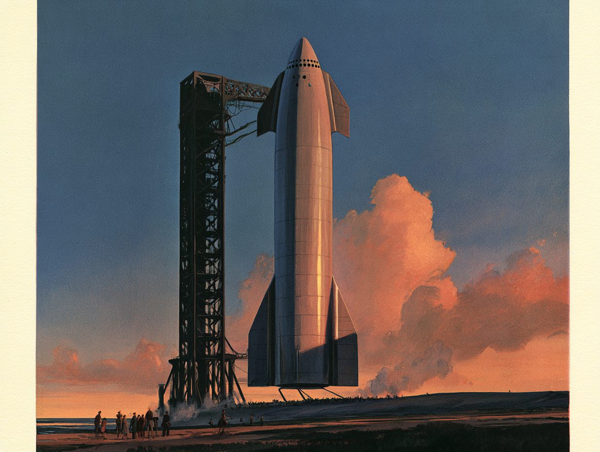 A tall silver rocket with a row of small round windows under its nose stands on its launch pad beside a dark catch tower. Tiny people watch from far below.